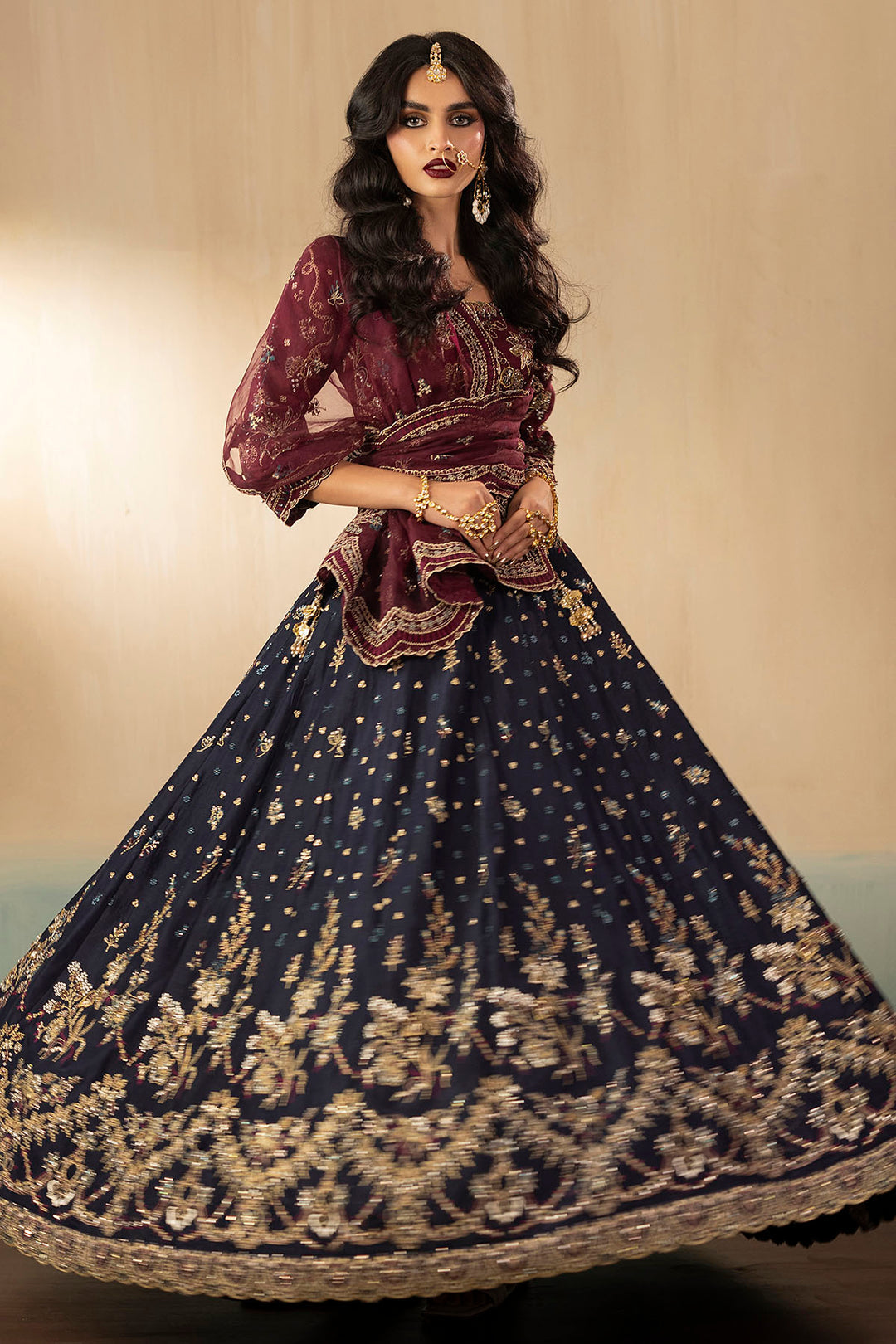 "Mirha Collections Motifz 0071 Leena hand embellished silk stitched three-piece Pakistani designer formal suit. Full-length front view showcasing a tailored silk shirt, embroidered dupatta, and silk trousers."