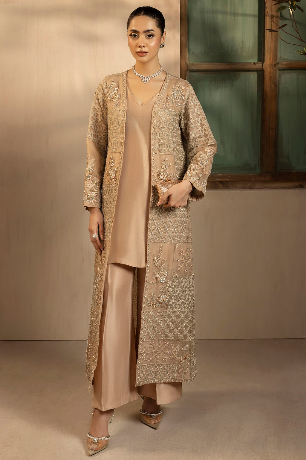 "Mirha Collections Motifz 0076 Arisha embroidered organza stitched three-piece Pakistani designer formal suit. Full-length presentation featuring a tailored organza shirt, silk trousers, and an embellished organza dupatta."