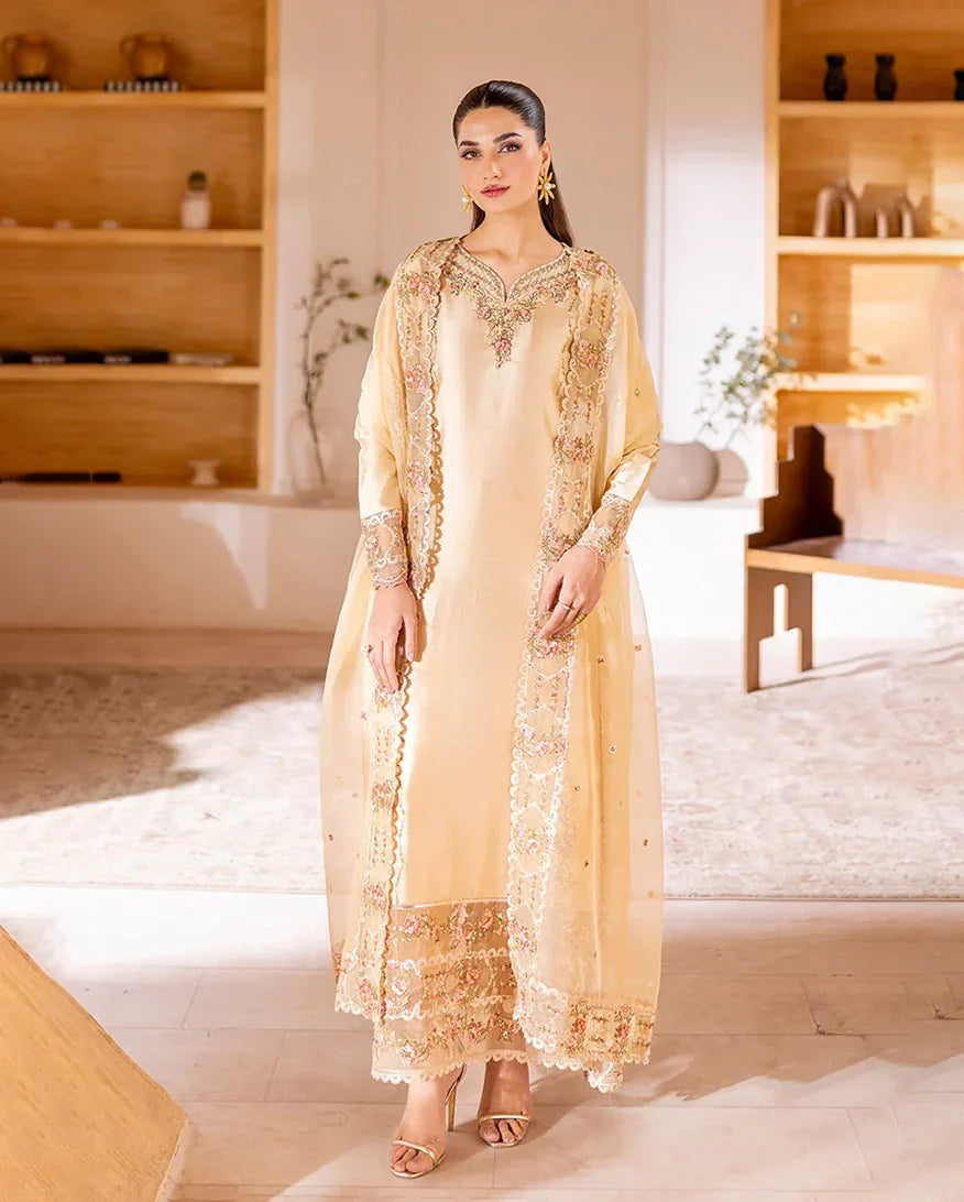 "Mirha Collections Mushq Aurea luxury embroidered stitched three-piece suit. Full-length front view featuring tailored shirt, designer dupatta, and trousers."