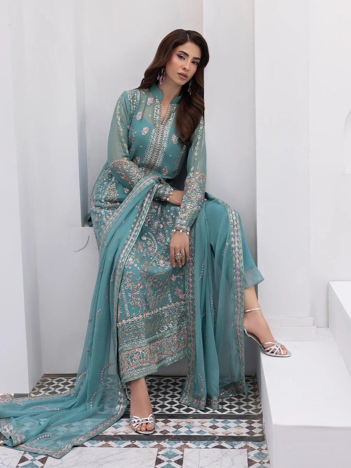 "Detailed drape view of the fluid embroidered statement dupatta paired with the Gulaal Desir formal suit from Mirha Collections."