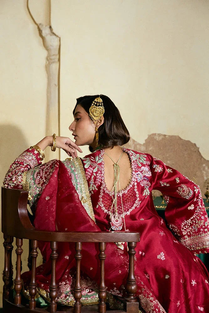 "Detailed view of intricate embroidered organza borders and embellishments on the hemline of Suffuse Afsanae wedding formal."