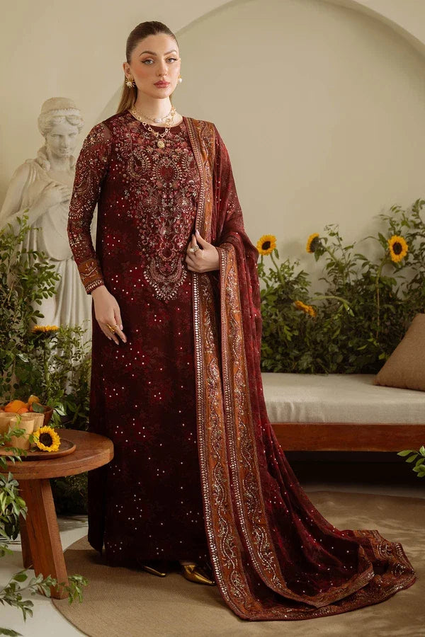 "Mirha Collections Nureh AM-09 restocked luxury collection intricately embroidered heavily embellished formal suit set with trousers and dupatta."