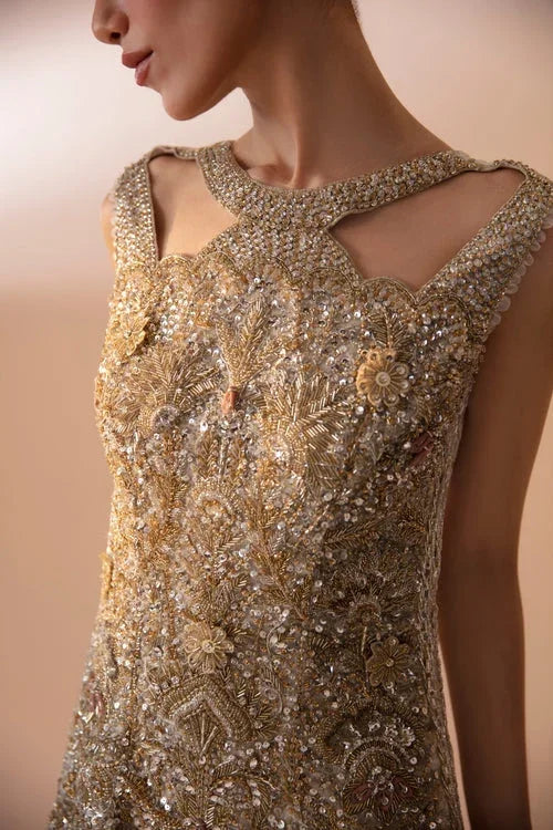 "Close-up of hand-worked zardozi, crystal accents, and fine resham threadwork embroidery on Mysie by Tahira Ashley shirt bodice."