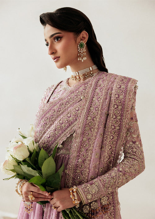 "Close-up detailing on the Aik Shaam Look A2601 bodice, highlighting intricate gold tilla embroidery, shimmering sequins, and fine hand-placed embellishments along the neckline."