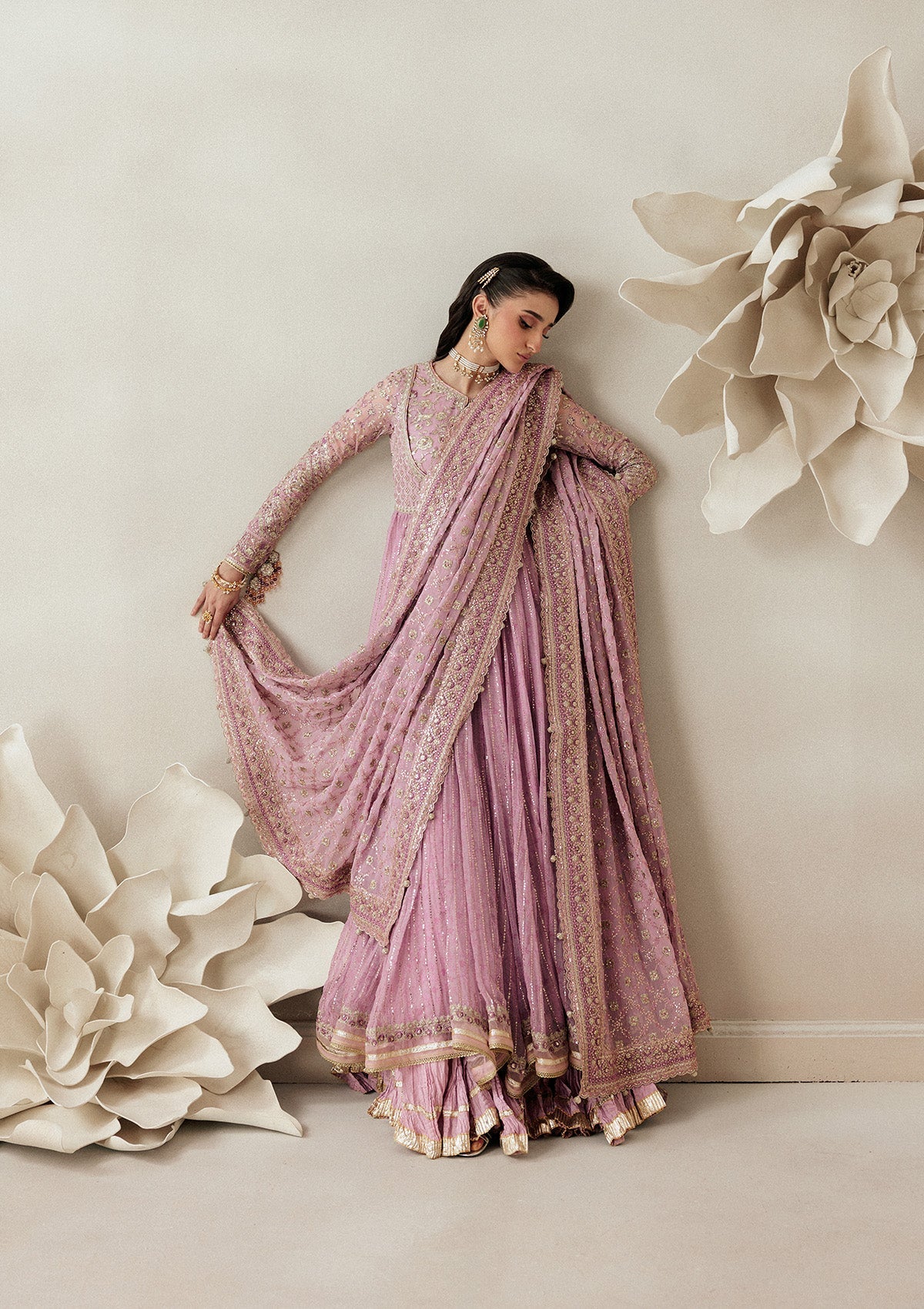 "Mirha Collections Aik Shaam Look A2601 three-piece Pakistani designer suit. Full-length presentation featuring a heavily embroidered dark formal shirt paired with tailored silk trousers and a contrasting luxury dupatta."