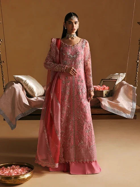 "Mirha Collections Gulaal Areeman quartz pink luxury hand-embellished stitched three-piece organza suit. Full-length front view featuring tailored shirt, chatta patti dupatta, and trousers."