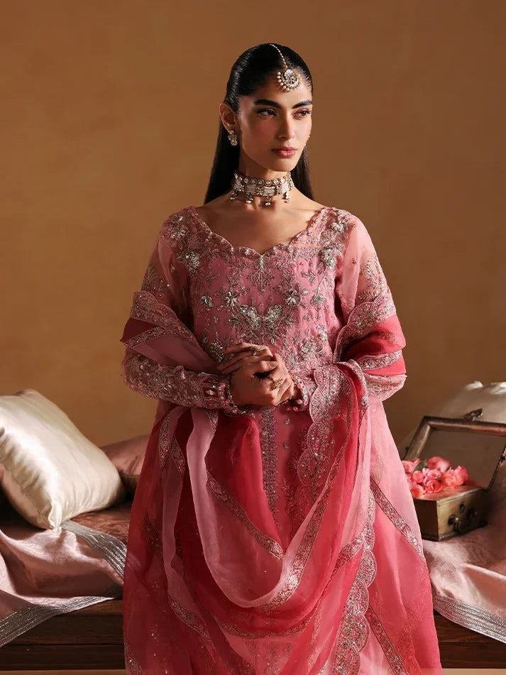 "Close-up detailing on the Gulaal Areeman shirt bodice, displaying hand-worked adda embellishments, sheesha accents, and fine organza embroidery."
