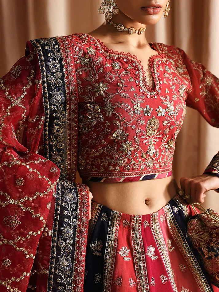 "Close-up detailing on the Gulaal Aysana shirt bodice, displaying fine threadwork embroidery, delicate sequin accents, and soft chiffon fabric texture."
