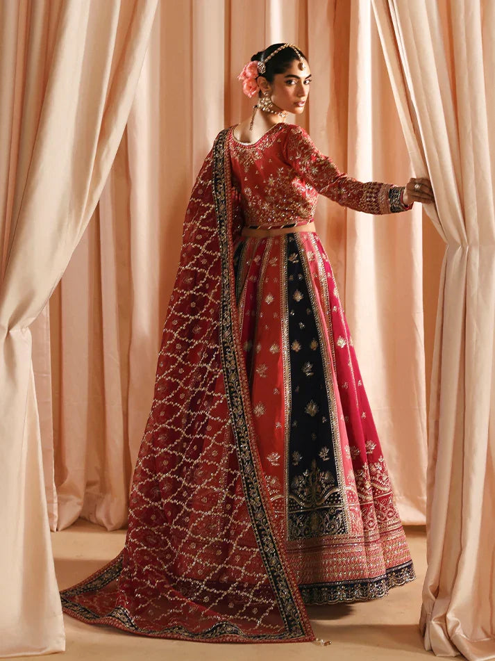 "Detailed drape view of the fluid luxury embroidered chiffon statement dupatta paired with the Gulaal Aysana formal suit from Mirha Collections."