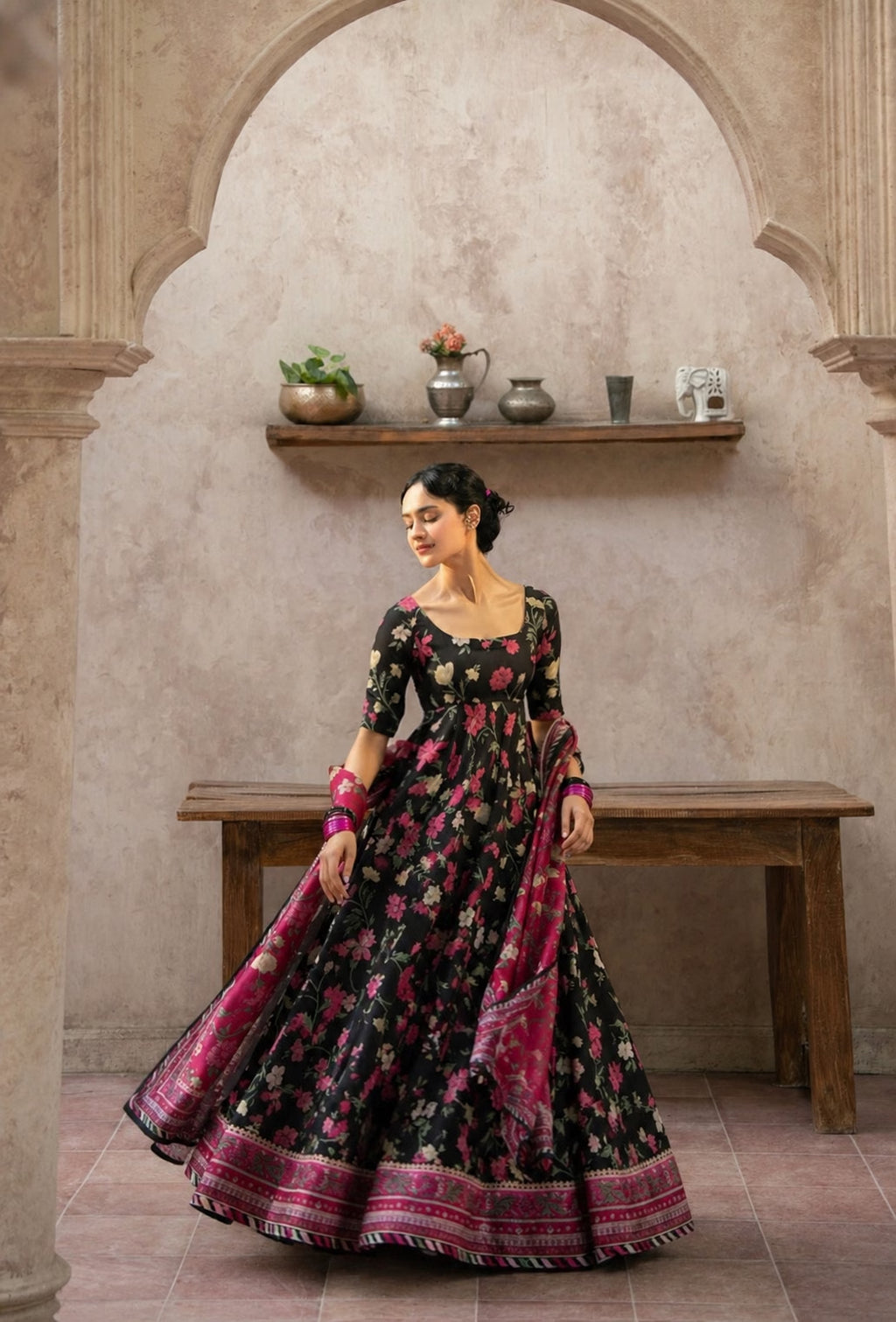 "Mirha Collections LXM Black Kalidaar stitched three-piece suit. Full-length flared Pishwas frock view featuring delicate detailing, matching dupatta, and trousers."