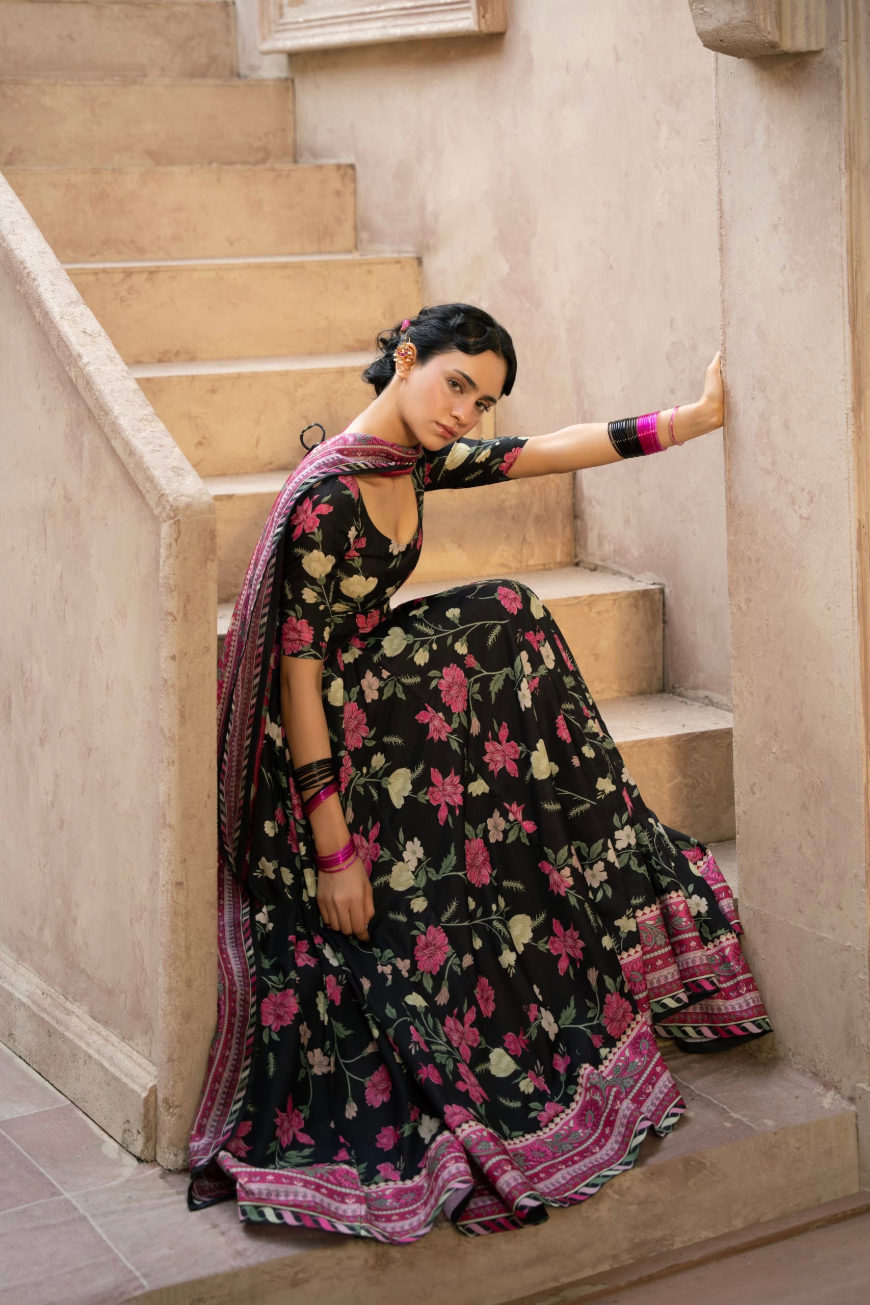 "Close-up view of the LXM Black Kalidaar shirt bodice, highlighting fine embroidery/sheesha work, subtle neck finishes, and premium fabric texture."