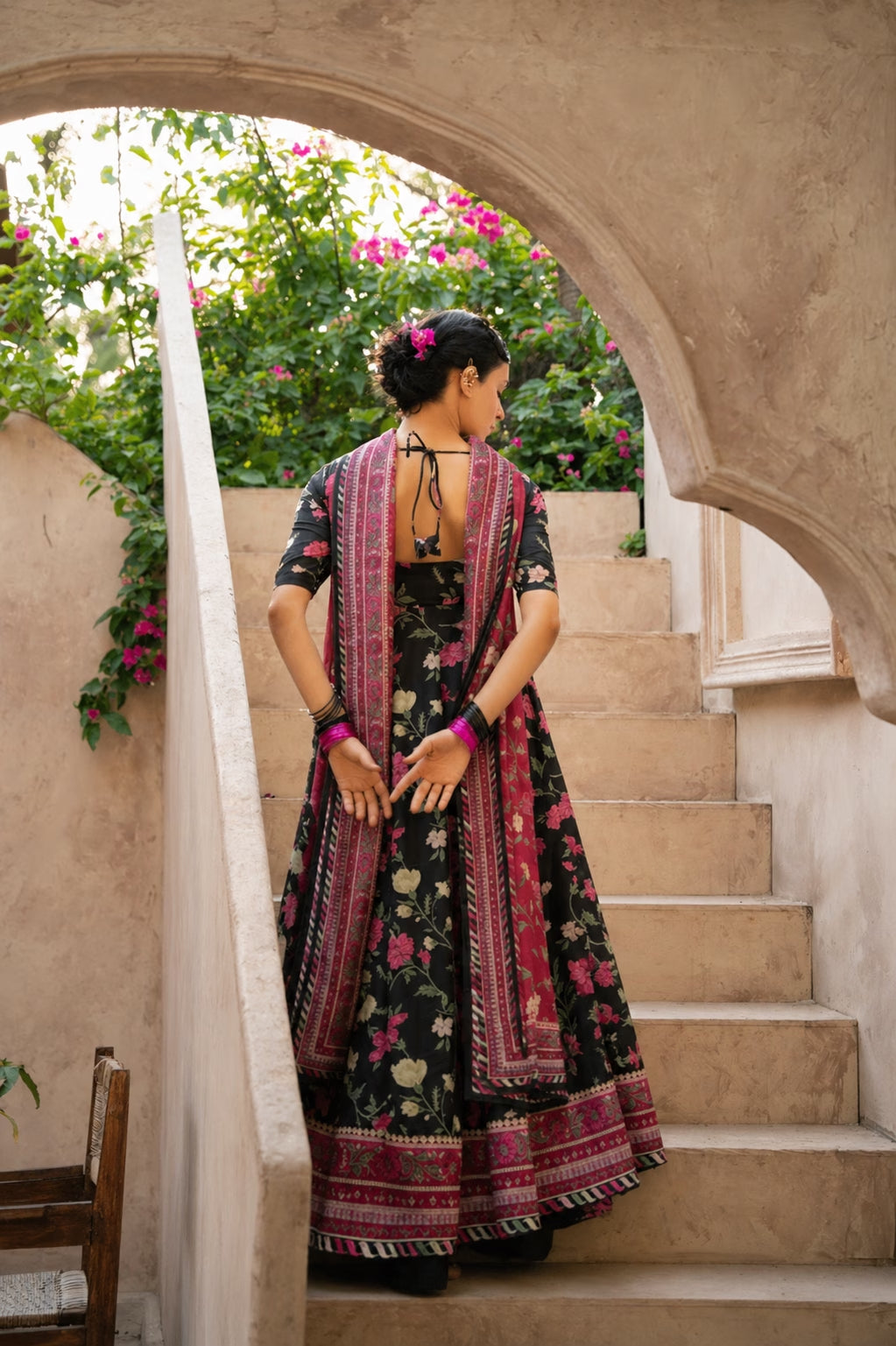 "Detailed drape view of the luxury fluid dupatta paired with the LXM Black Kalidaar ensemble from Mirha Collections."