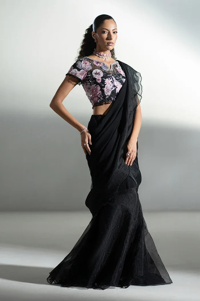 "Mirha Collections Vera black applique ruffle organza saree draped with hand-embellished blouse luxury formal outfit."