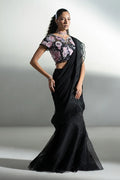 "Mirha Collections Vera black applique ruffle organza saree draped with hand-embellished blouse luxury formal outfit."