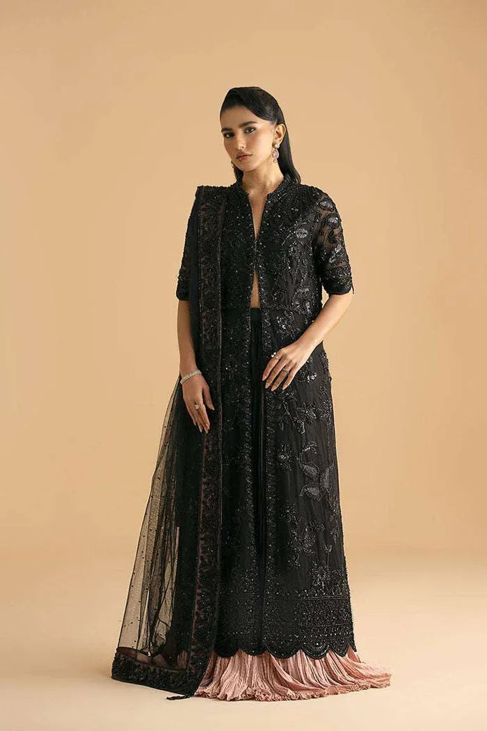 "Mirha Collections Vera black front open hand-embroidered shirt with flared raw silk lehnga formal three-piece bridal outfit."