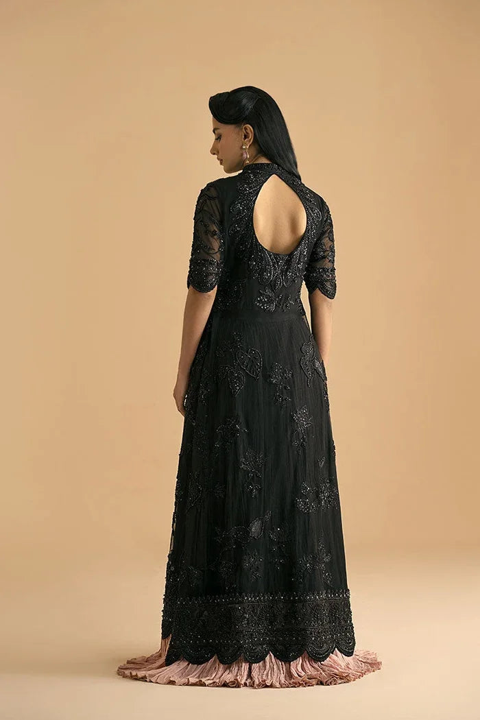 "Focus on matching embellished dupatta drape and sleeve border details of the Vera black front open bridal suit."
