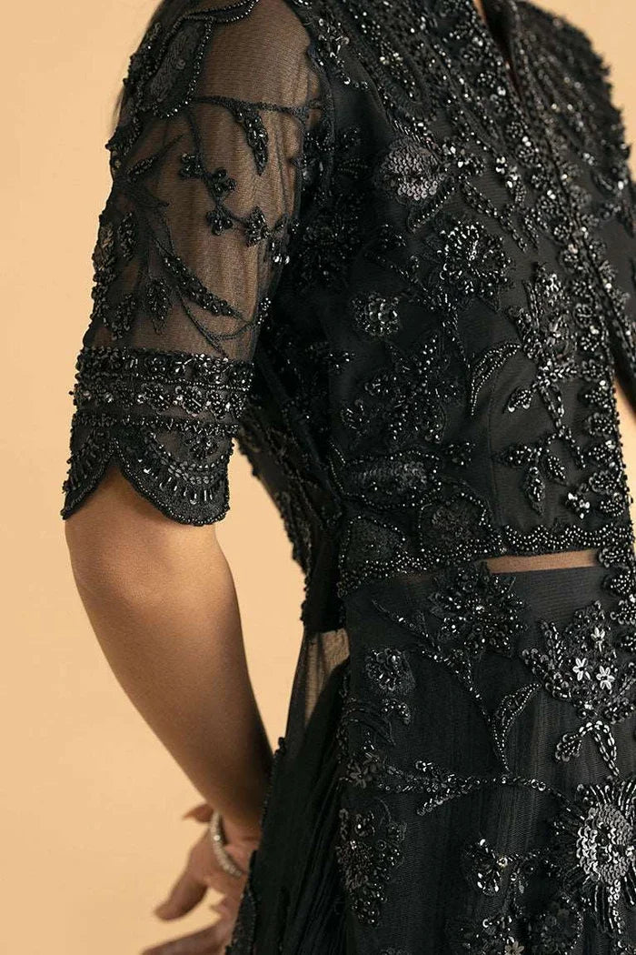 "Close-up detailing on the Vera black front open shirt bodice featuring heavy zardozi embellishments and intricate craftsmanship."