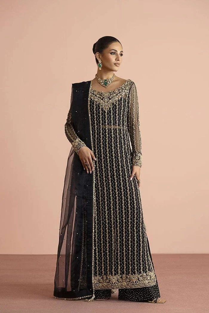"Mirha Collections Vera black and gold hand-embroidered shirt with structured wide-leg Azaar trousers luxury formal three-piece set."