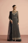 "Mirha Collections Vera black and gold hand-embroidered shirt with structured wide-leg Azaar trousers luxury formal three-piece set."