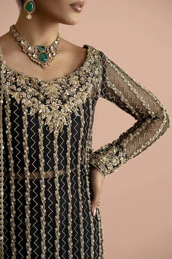 "Close-up detailing on the Vera black shirt bodice featuring intricate gold zardozi, antique tilla, and sequin hand work."