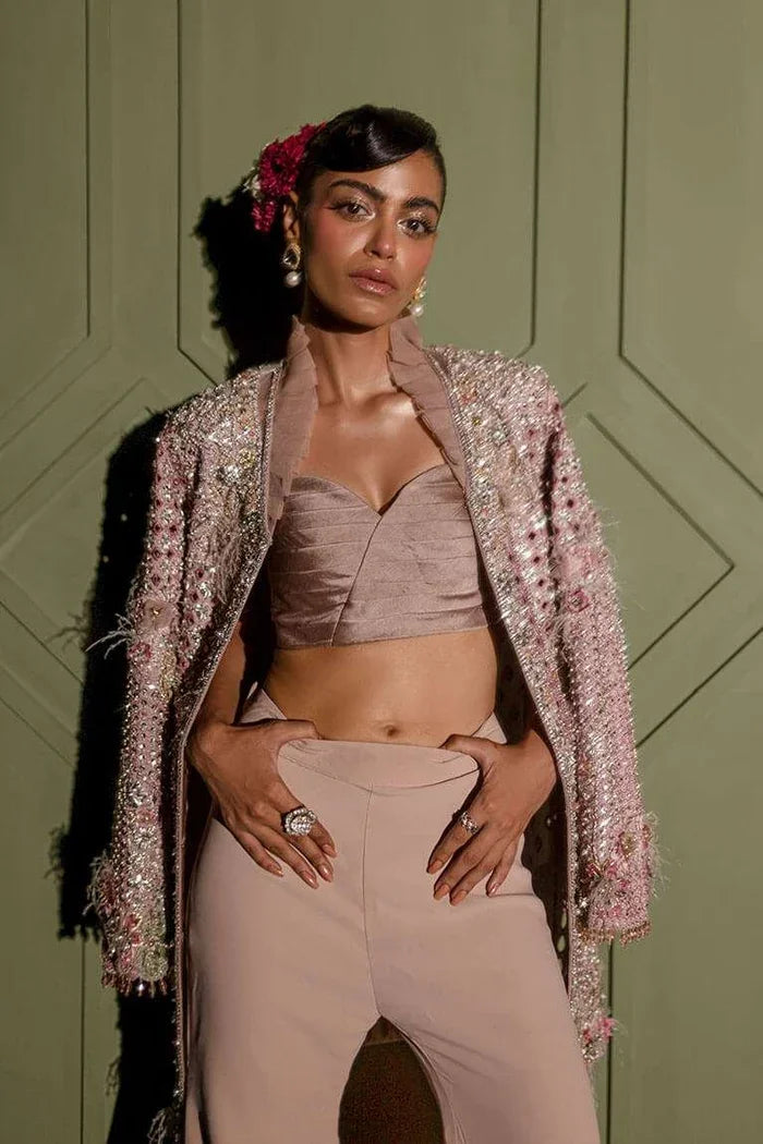 "Mirha Collections Vera blush pink hand-embellished jacket with flared raw silk pants luxury formal three-piece set."