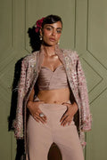 "Mirha Collections Vera blush pink hand-embellished jacket with flared raw silk pants luxury formal three-piece set."