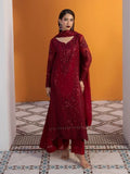 "Mirha Collections Gulaal Crimson deep red luxury embroidered stitched three-piece suit. Full-length front view featuring tailored red shirt, embellished dupatta, and trousers."