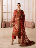 "Mirha Collections Gulaal Calyx luxury embroidered stitched three-piece suit. Full-length front view featuring tailored floral-embroidered shirt, embellished dupatta, and trousers."