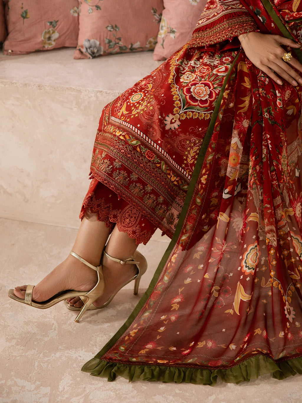 "Detailed drape view of the fluid luxury embroidered statement dupatta paired with the Gulaal Calyx formal suit from Mirha Collections."