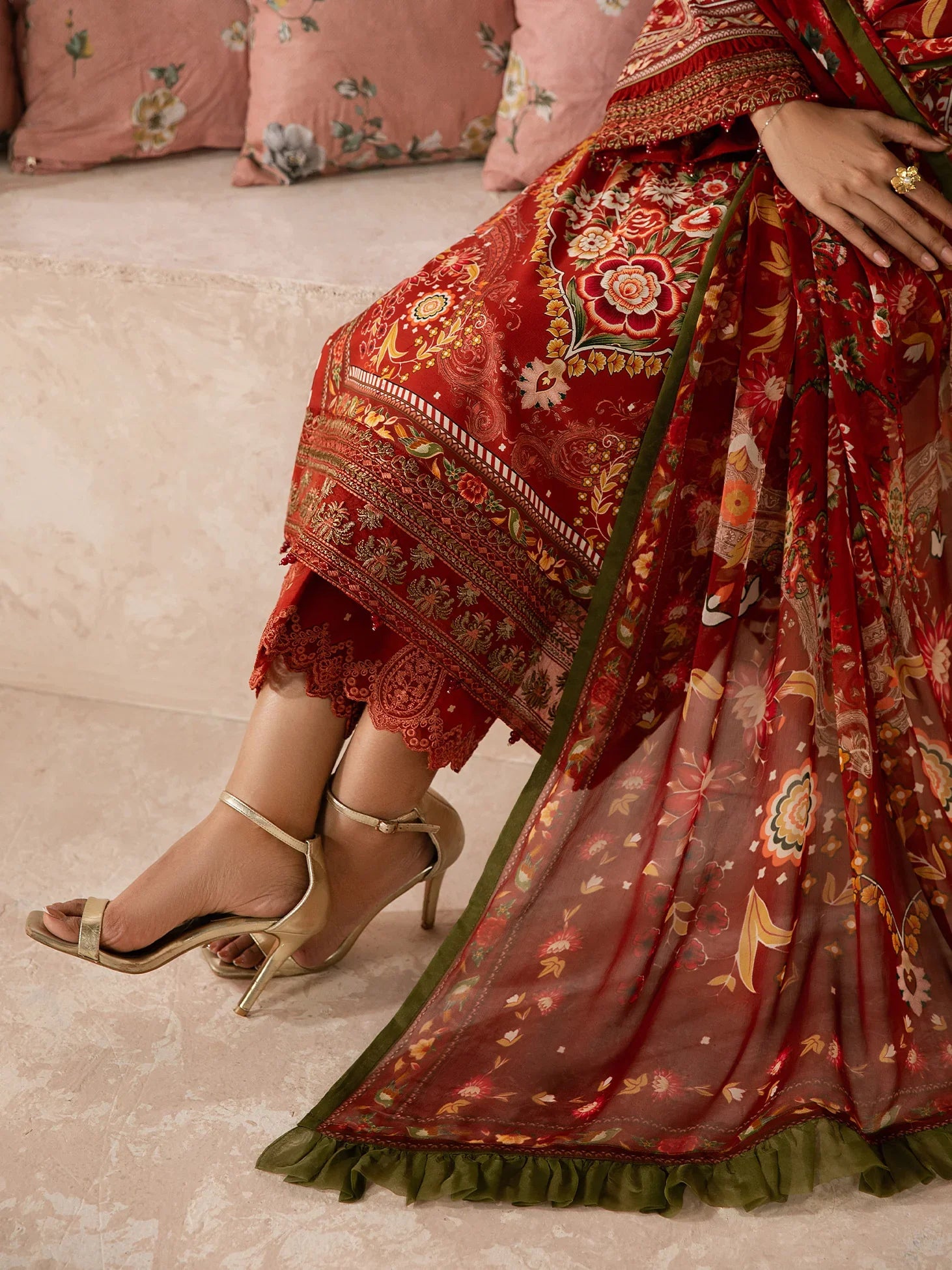 "Detailed drape view of the fluid luxury embroidered statement dupatta paired with the Gulaal Calyx formal suit from Mirha Collections."