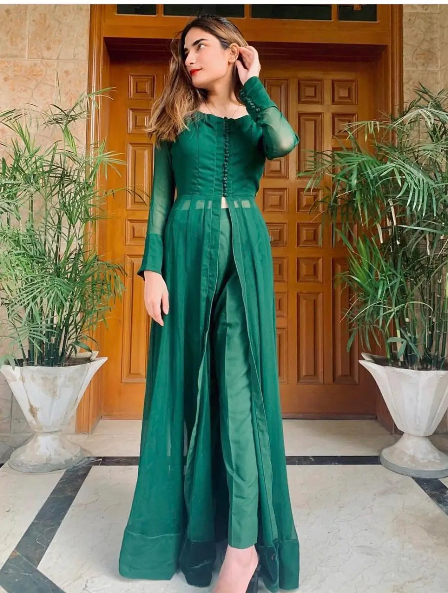 "Close-up detailing on the LXM Classic Emerald Green Kalidaar shirt bodice, displaying fine neckline finishes, attached inner lining, and soft chiffon texture."