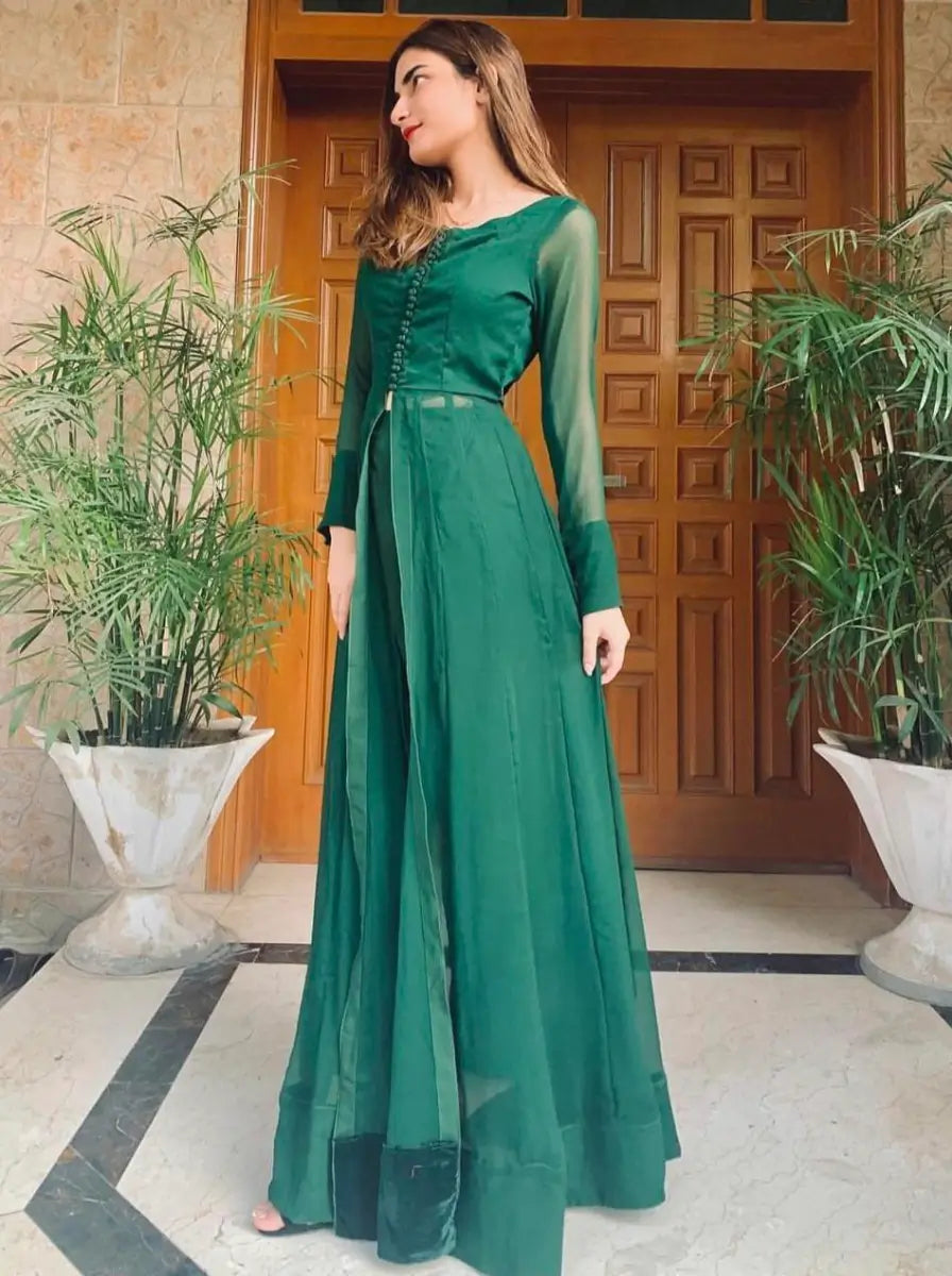 "Detailed drape view of the fluid emerald green dupatta paired with the LXM Classic Kalidaar ensemble from Mirha Collections."