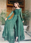 "Mirha Collections LXM Classic Emerald Green chiffon Kalidaar stitched suit. Full-length flared Pishwas frock view paired with tailored grip trousers."