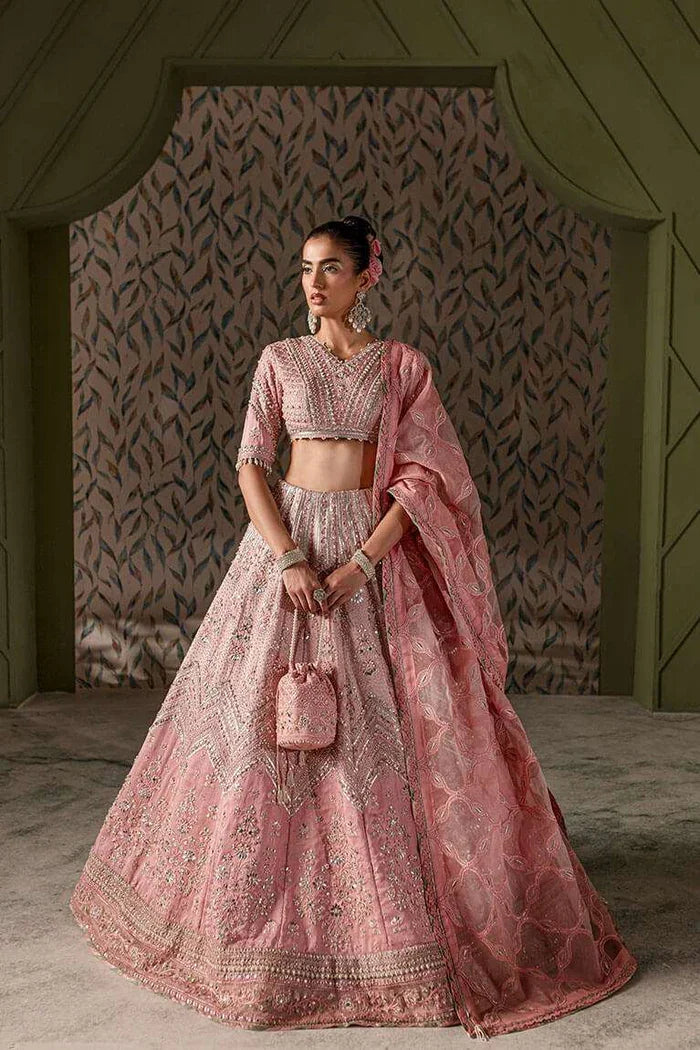 "Mirha Collections Vera color block pink raw silk lehnga choli with handcrafted organza dupatta luxury three-piece wedding outfit."
