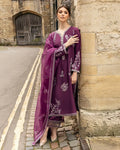 "Mirha Collections Mushq Cosmic Dusk deep purple luxury stitched three-piece suit. Full-length front view featuring embroidered raw silk shirt, raw silk trousers, and designer dupatta."