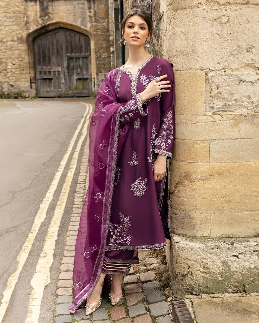 "Mirha Collections Mushq Cosmic Dusk deep purple luxury stitched three-piece suit. Full-length front view featuring embroidered raw silk shirt, raw silk trousers, and designer dupatta."