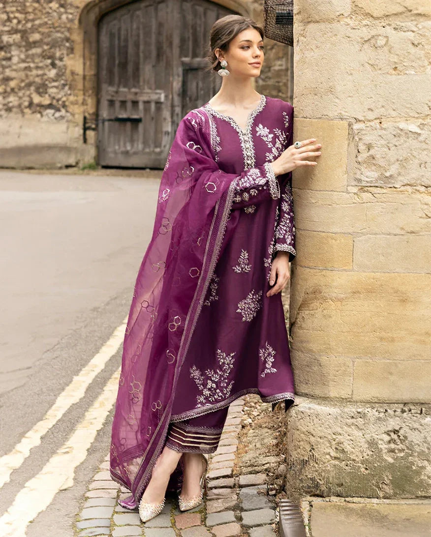 "Close-up detailing on the Mushq Cosmic Dusk shirt bodice, displaying fine threadwork embroidery, embellished neck finishes, and soft raw silk fabric texture."