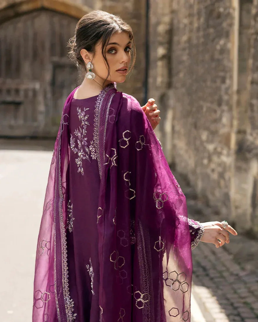 "Detailed drape view of the fluid luxury embroidered dupatta paired with the deep purple Mushq Cosmic Dusk formal suit from Mirha Collections."