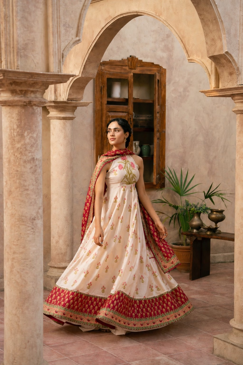 "Detailed drape view of the luxury fluid dupatta paired with the LXM Cream White Kalidaar ensemble from Mirha Collections."