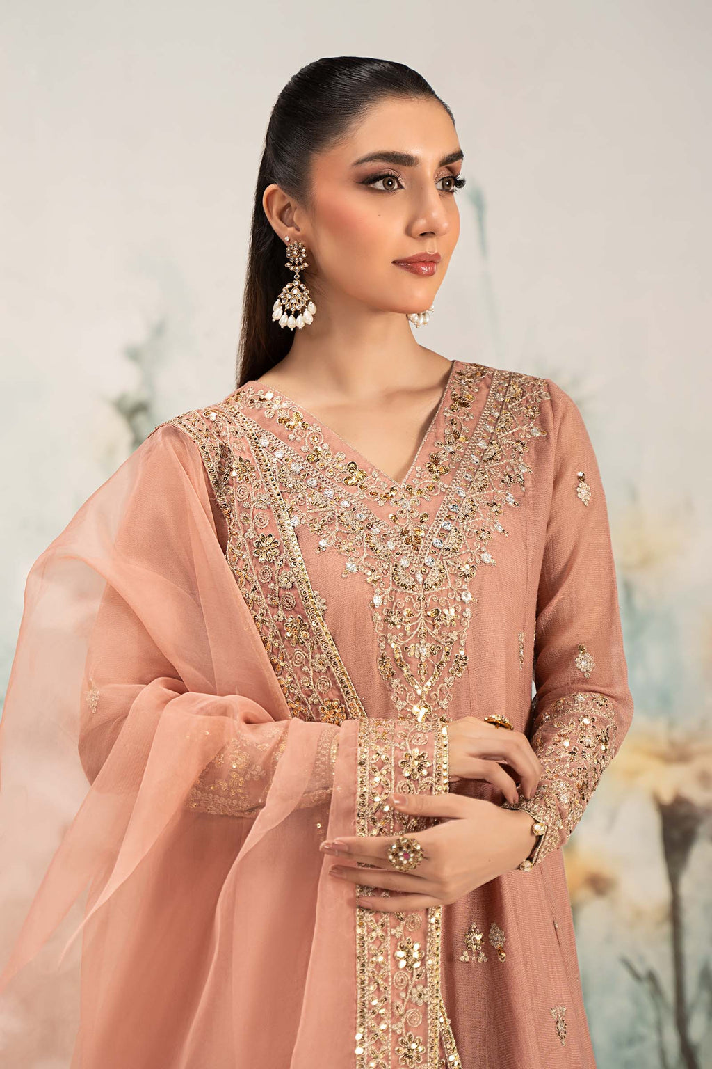 Maria.B. - 3 Piece Embroidered Cotton Net Suit (DW-EF25-88R1-Peach) - Mirha Collections