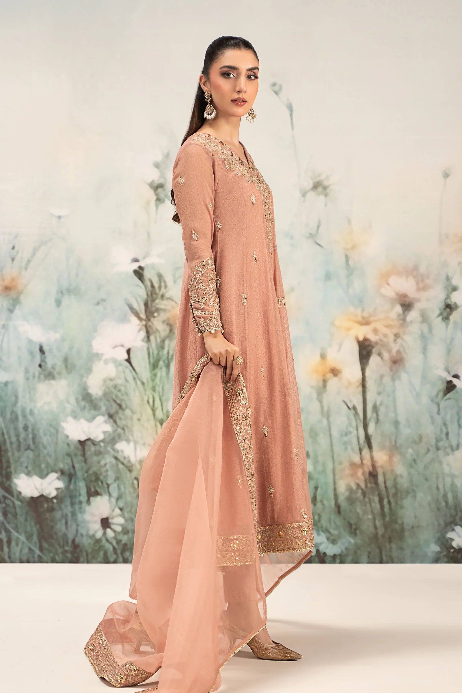 Maria.B. - 3 Piece Embroidered Cotton Net Suit (DW-EF25-88R1-Peach) - Mirha Collections