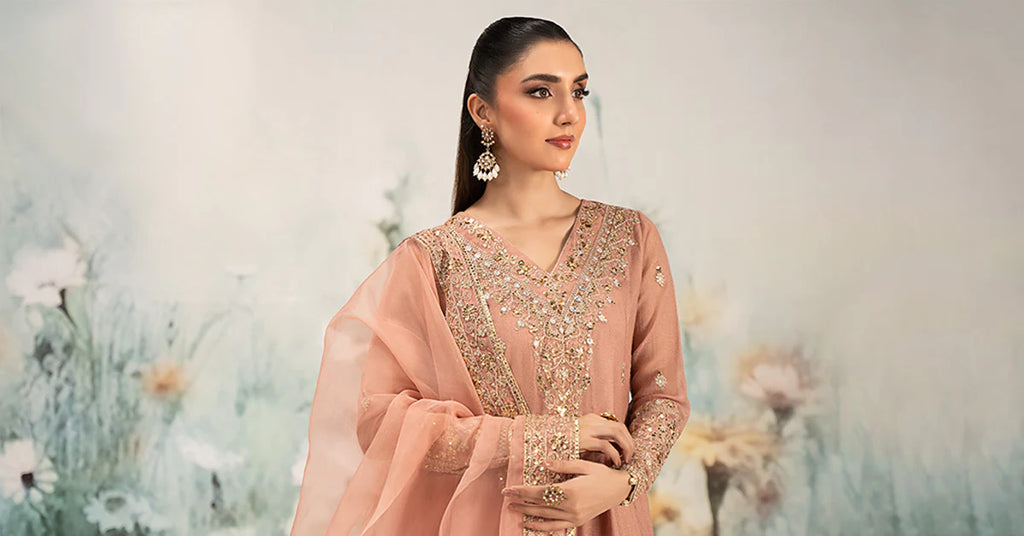 Maria.B. - 3 Piece Embroidered Cotton Net Suit (DW-EF25-88R1-Peach) - Mirha Collections