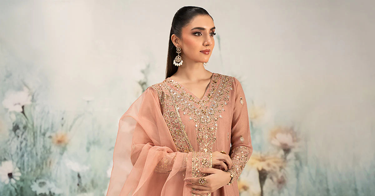Maria.B. - 3 Piece Embroidered Cotton Net Suit (DW-EF25-88R1-Peach) - Mirha Collections