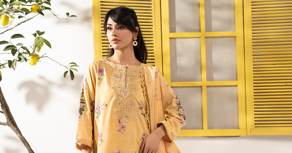 Maria.B. - 3 Piece Embroidered Lawn Suit (DW-EF26-35-YELLOW) - Mirha Collections