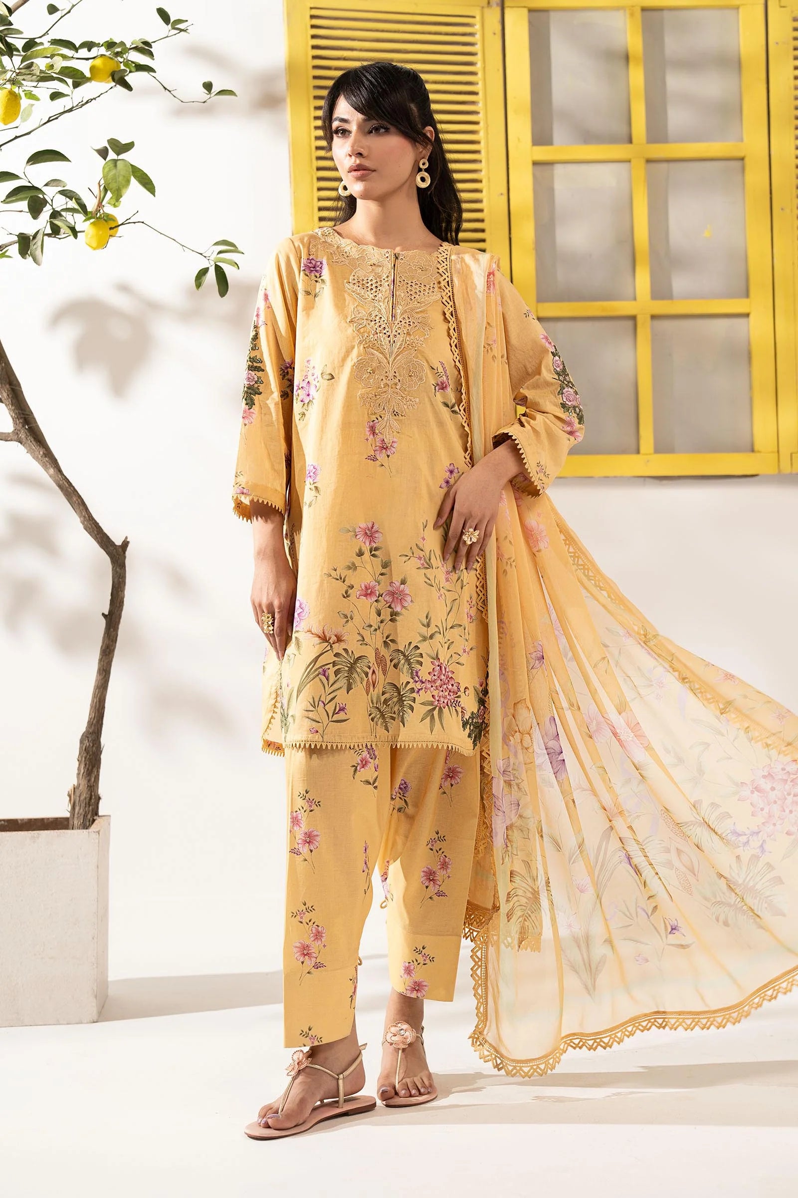 Maria.B. - 3 Piece Embroidered Lawn Suit (DW-EF26-35-YELLOW) - Mirha Collections