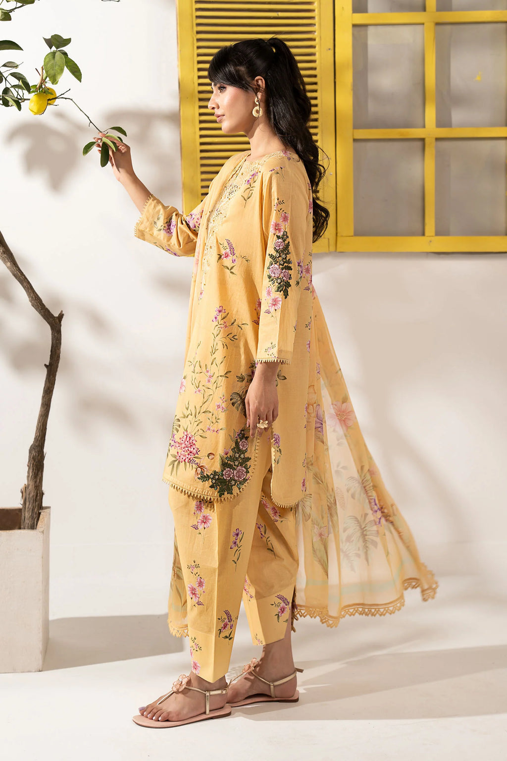 Maria.B. - 3 Piece Embroidered Lawn Suit (DW-EF26-35-YELLOW) - Mirha Collections