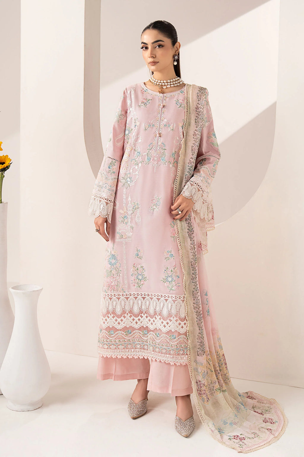 Maria.B. - 3 Piece Embroidered Paper Silk Suit (DW-EF26-42-Pink) - Mirha Collections