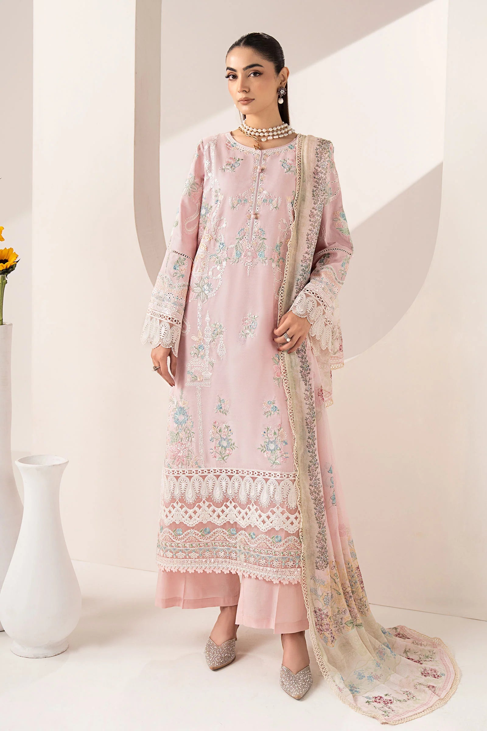 Maria.B. - 3 Piece Embroidered Paper Silk Suit (DW-EF26-42-Pink) - Mirha Collections