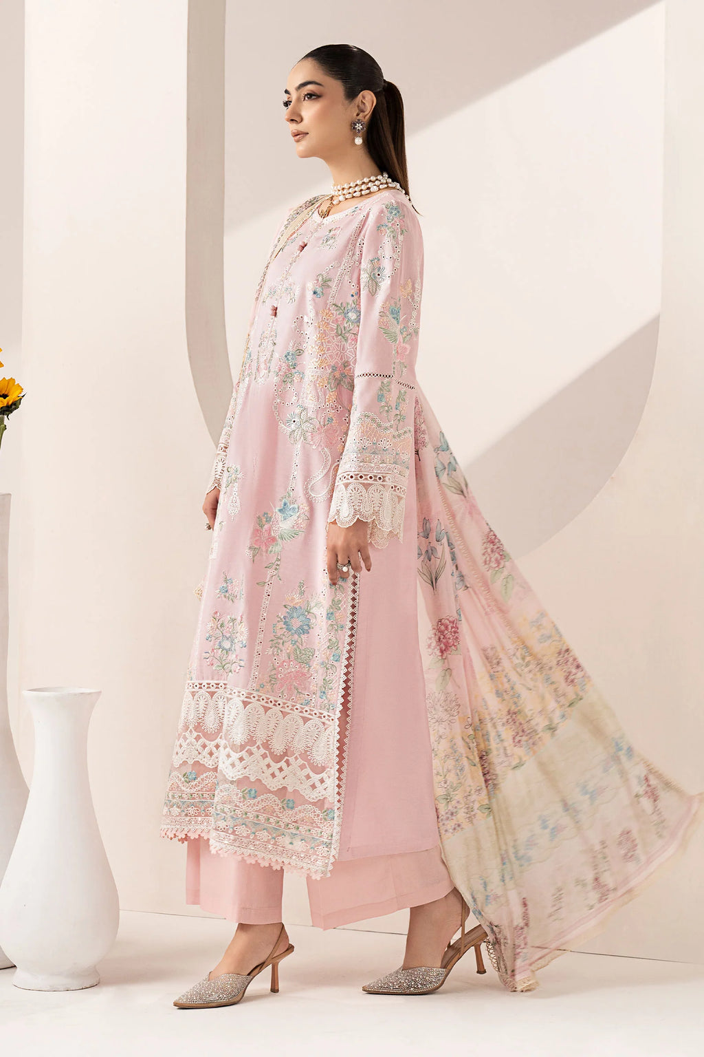 Maria.B. - 3 Piece Embroidered Paper Silk Suit (DW-EF26-42-Pink) - Mirha Collections