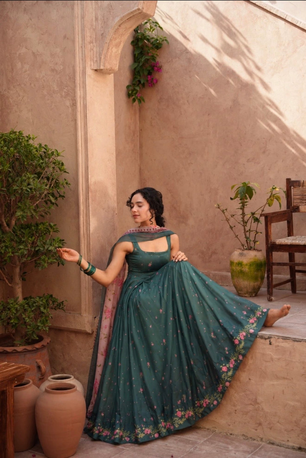 "Close-up view of the LXM Deep Green Kalidaar shirt bodice, highlighting fine threadwork embroidery, delicate neck finishes, and soft fabric texture."